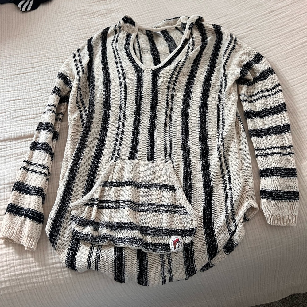 LG Black and Cream Striped V-Neck Sweater